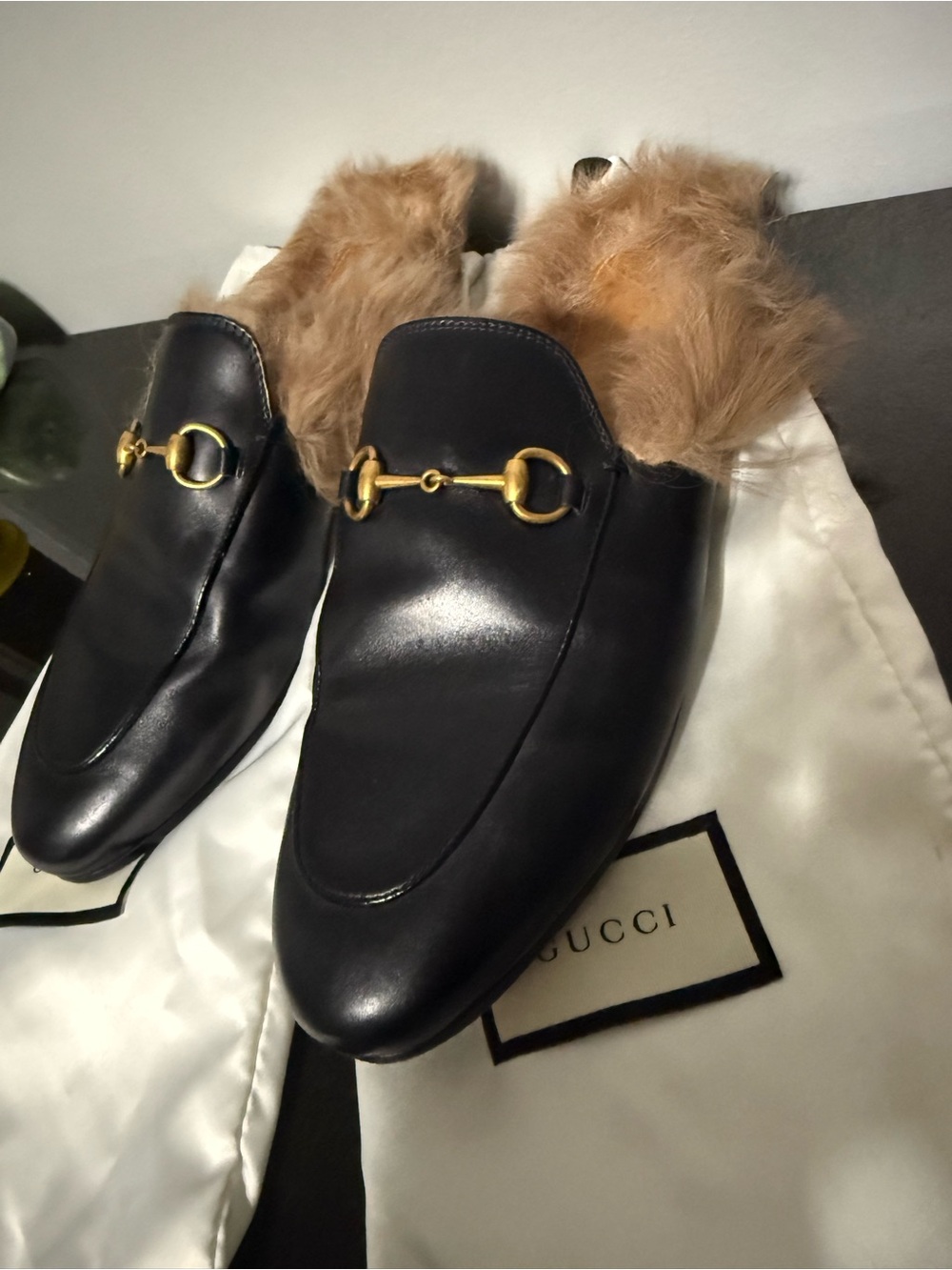 Gucci Black Leather Fur-Lined Horsebit Mules
